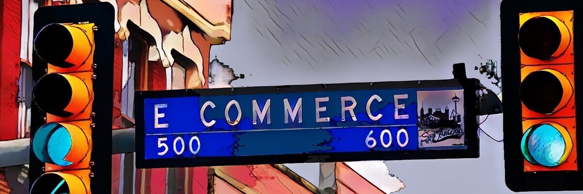 Straßenschild „E-Commerce“ mit Ampeln im grafischen Stil vor städtischer Architektur.