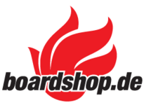 Logo von Boardshop.de: Rote Flamme hinter dem schwarzen Schriftzug "boardshop.de".