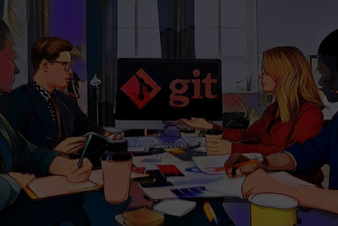 Besprechung in einem Büro mit mehreren Personen, im Hintergrund ein Monitor mit dem Git-Logo.