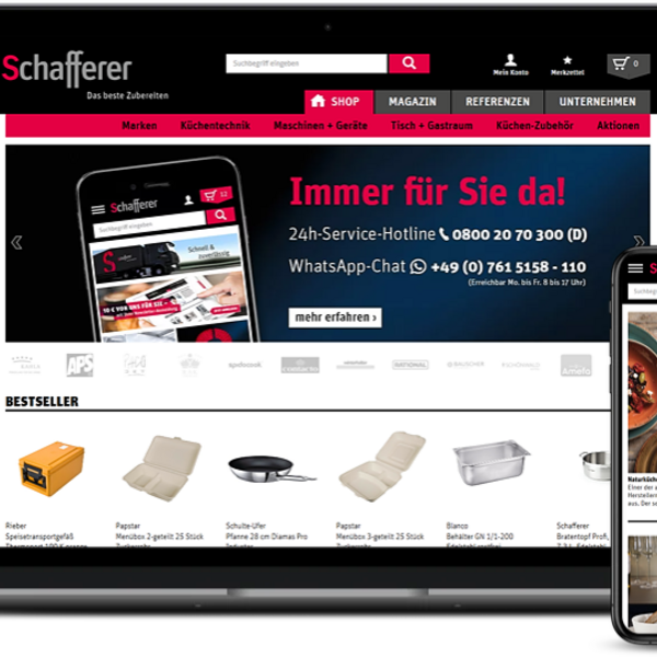 Website-Ansicht auf Laptop und Smartphone mit Startseite eines Online-Shops, der Küchen- und Gastronomiebedarf verkauft.