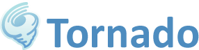 Blaues Tornado-Logo mit stilisiertem Wirbel und Schriftzug "Tornado" rechts daneben.