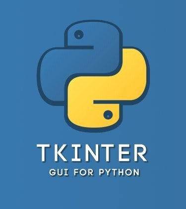 Python-Logo in Blau und Gelb, darunter der Text "TKINTER: GUI for Python" auf blauem Hintergrund.