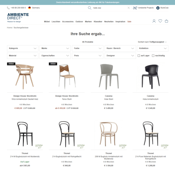 Screenshot einer Möbel-Website mit Suchergebnissen für Stühle verschiedener Marken, darunter Design House Stockholm und Cassina.