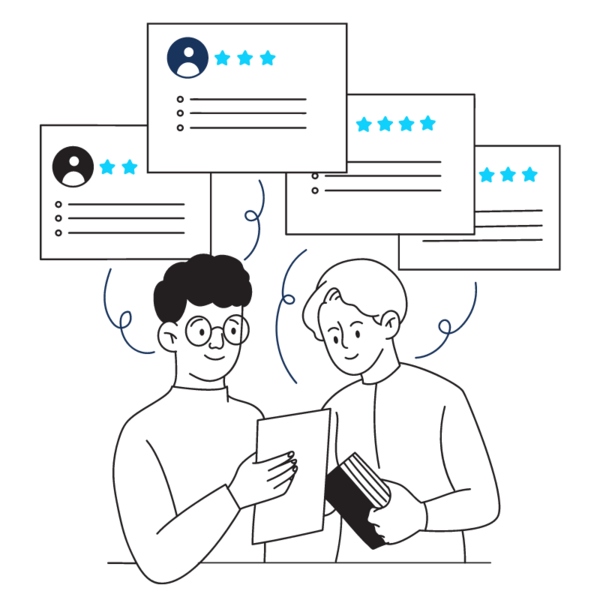 Zwei Personen analysieren Unterlagen; im Hintergrund schweben Bewertungskarten mit Sternenbewertungen.