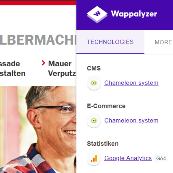 Webseite-Analyse: Bau-Website mit CMS "Chameleon", PHP, Google Analytics, Tag Manager und E-Commerce-Features laut Wappalyzer-Tool.
