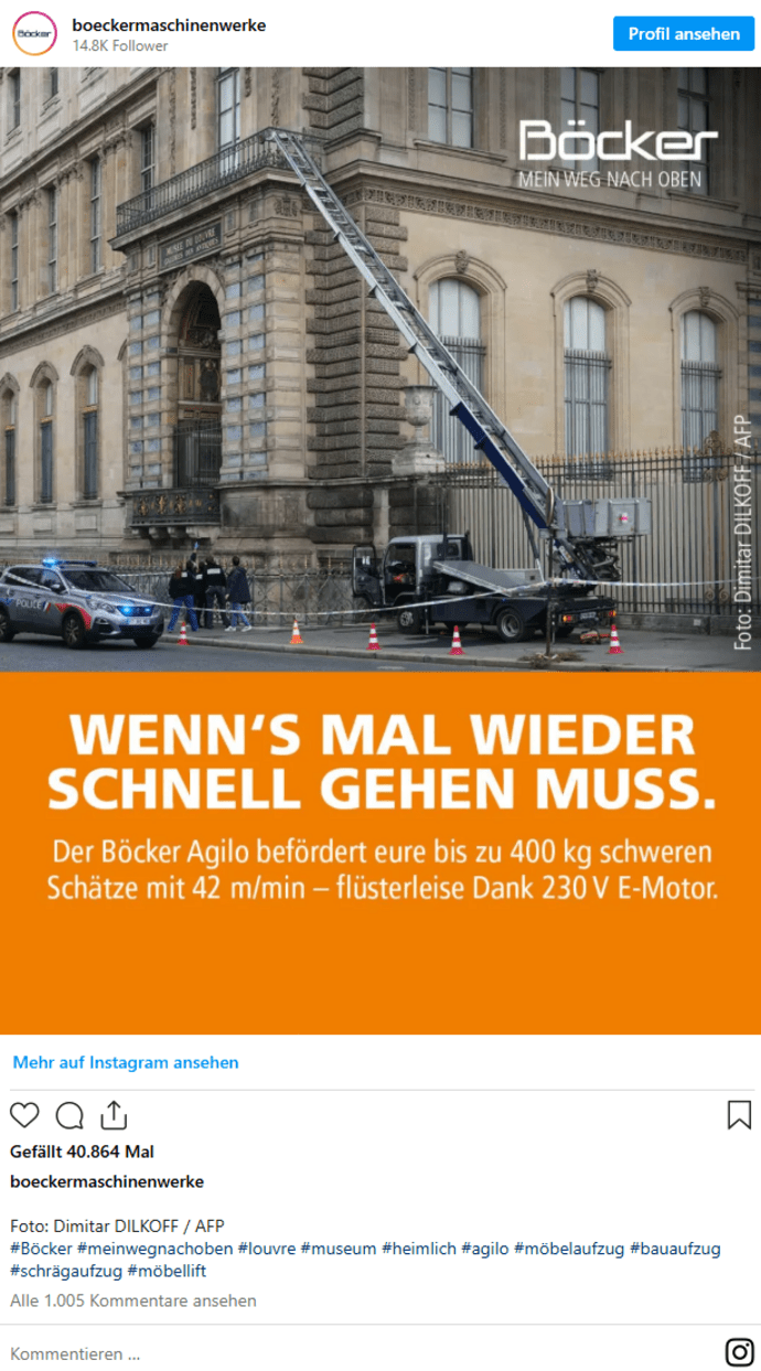 Plakat von Böcker: Aufzug transportiert Lasten mit 42 m/min. Slogan: "Wenn's mal wieder schnell gehen muss."