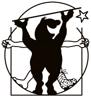 Schematische Darstellung eines Bären in anthropometrischer Pose mit Werkzeugen und einem Stern, stilisiert nach Leonardo da Vincis Vitruvianischem Mensch.