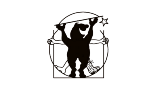 Schematische Darstellung eines Bären in anthropometrischer Pose mit Werkzeugen und einem Stern, stilisiert nach Leonardo da Vincis Vitruvianischem Mensch.