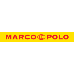 Gelbes Banner mit rotem Text "MARCO POLO" und einem Globus-Symbol in der Mitte.