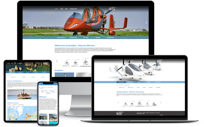 Geräte mit Website-Ansicht eines Fluggerätherstellers: Desktop, Laptop, Tablet, Smartphone zeigen verschiedene Ansichten.