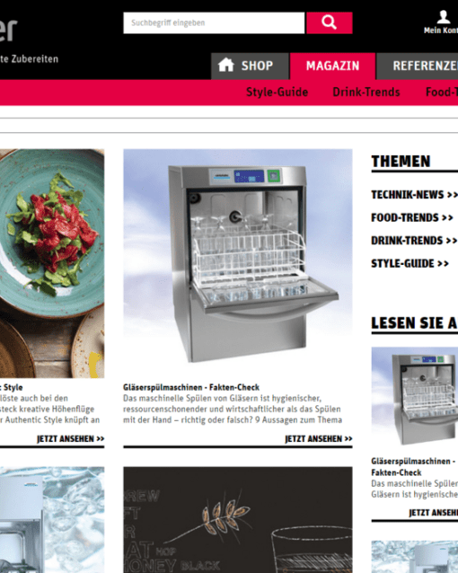Webseite mit Artikeln zu Küchentrends, Bilder von Geschirr, Geschirrspüler und Themenübersicht im modernen Layout.