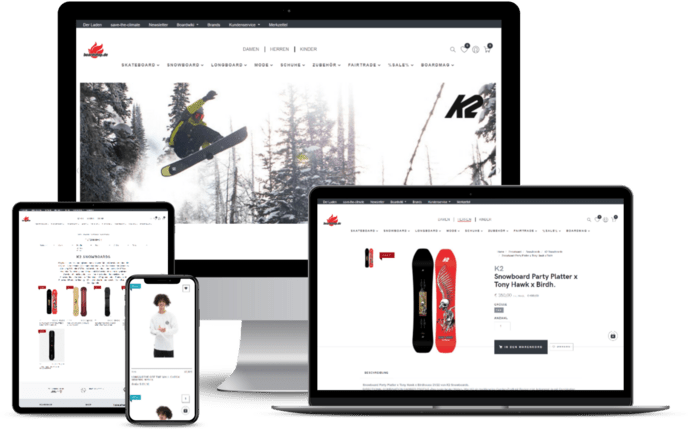 Website-Design auf verschiedenen Geräten: Desktop, Laptop, Tablet und Smartphone, mit Fokus auf Snowboarding-Produkte.