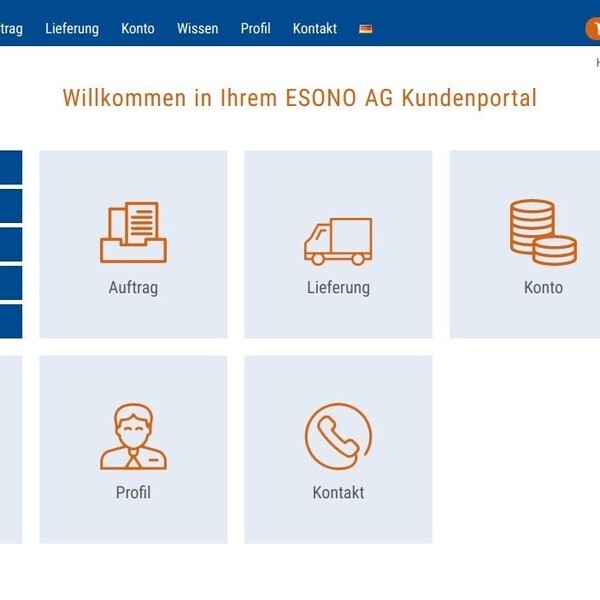 Kundenportal mit Menüpunkten: Suche, Auftrag, Lieferung, Konto, Wissen, Profil, Kontakt. Navigation oben, Symbole für Funktionen.