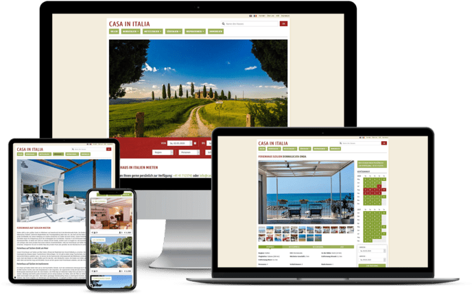 Website-Design auf Desktop, Laptop, Tablet und Smartphone mit Bildern von Ferienhäusern und Buchungsoptionen.