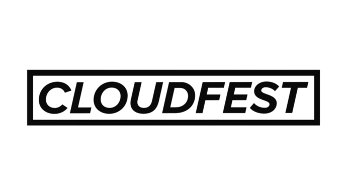 Schwarzes CloudFest-Logo in Großbuchstaben, umrahmt von einem rechteckigen Rahmen auf weißem Hintergrund.