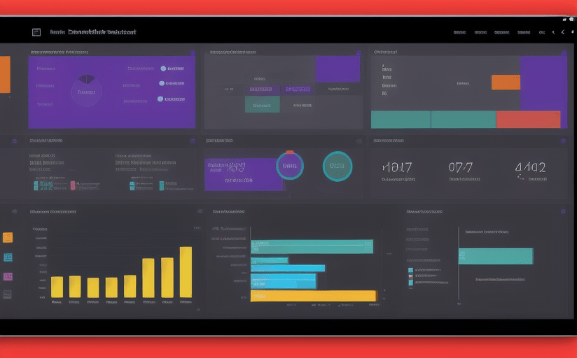 Interaktives Dashboard mit Diagrammen und Statistiken auf dunklem Hintergrund, betont in Lila und Gelb.