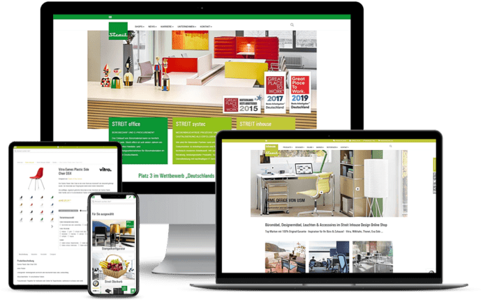 Mehrere Geräte zeigen Websites für Inneneinrichtung an, inklusive Desktop, Laptop, Tablet und Smartphone.