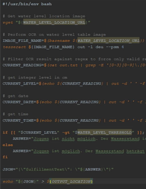 Screenshot eines Bash-Skripts zur Wasserstandsanalyse mit OCR, interpretierenden Algorithmen und Datenformatierung in JSON.