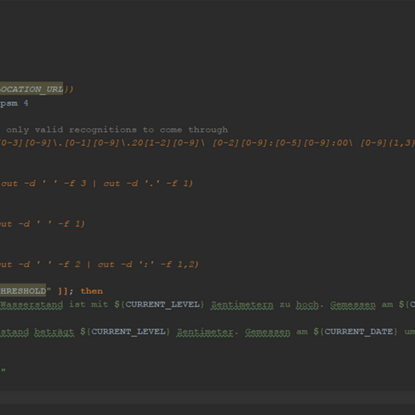 Screenshot eines Bash-Skripts zur Wasserstandsanalyse mit OCR, interpretierenden Algorithmen und Datenformatierung in JSON.