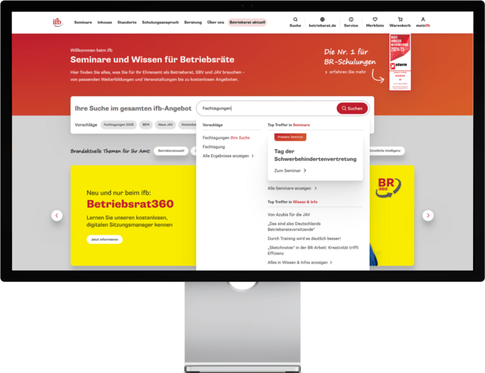 Computerbildschirm mit geöffneter Webseite über Betriebsratsseminare, rotes Menü, Suchfunktion mit Eingabevorschlägen.