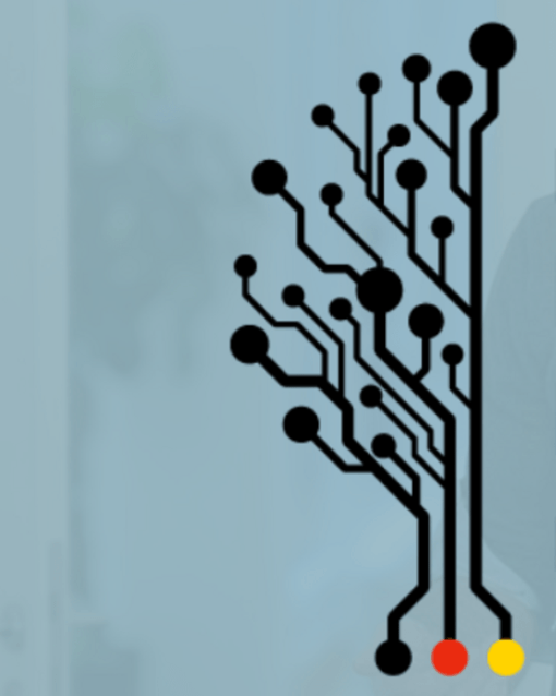 Schematische Leiterplatte mit Text "Kodex für Nachhaltigkeit & Digitalisierung, BITMi e.V." und verschwommene Person im Hintergrund.