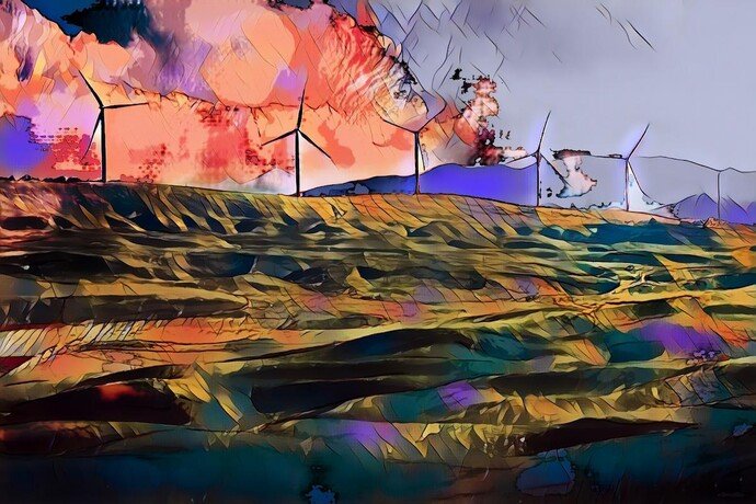 Abstrakte Landschaft mit Windturbinen vor einem farbenfrohen, dramatischen Himmel.