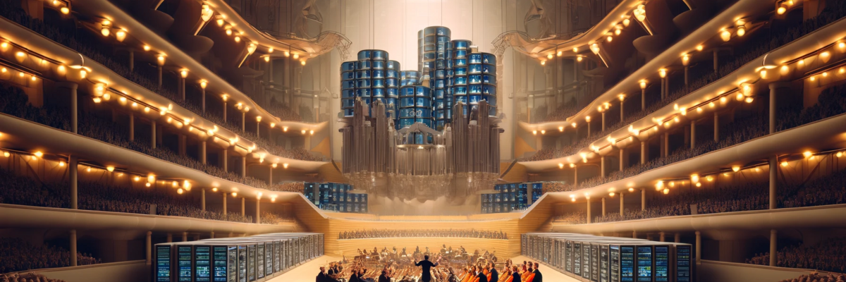 Orchester spielt in einem futuristischen Konzertsaal, umgeben von leuchtenden Digitalbildschirmen. Publikum füllt den Saal.