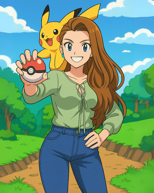 Junge Frau in grüner Bluse und blauer Jeans steht lächelnd vor holzvertäfeltem Hintergrund.